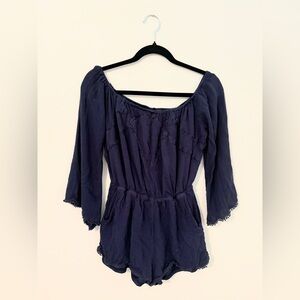 Romeo & Juliet Navy Blue Romper With Flare Half Sleeves Pockets and Lined Shorts